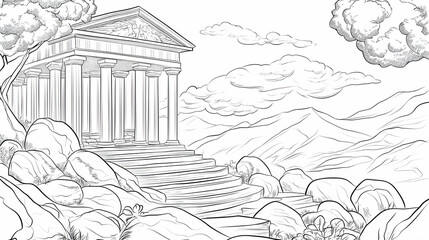 Ancient Greek temple, mountain landscape, serene setting, coloring book illustration