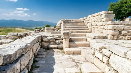 Ancient stone staircase at hilltop ruins, sunny day, panoramic view, historical site; tourism, travel