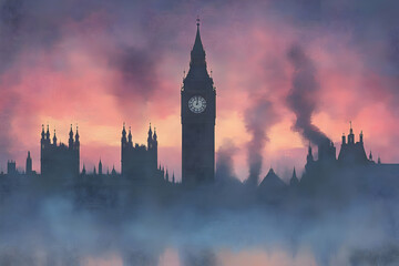 Naklejka premium London Fog Big Ben, sunset, smoky city, travel poster