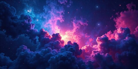 Fototapeta premium A Celestial Canvas Vivid Hues of Pink and Blue Nebulae Adorned with a Scatter of Stars, Creating a Dreamlike Cosmic Landscape