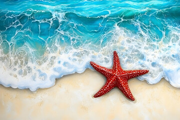 Vibrant painting of a red starfish on a sandy beach with a turquoise wave.  Perfect for summer, beach, ocean, and coastal themes.