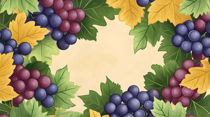 Autumn grape harvest border; vineyard leaves and fruit background; food, drink, label design