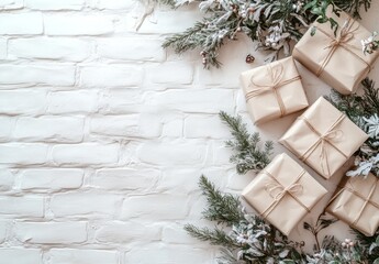 Christmas Tree and Gifts on White Brick Wall