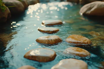 Serene water pathway invites tranquility amid glistening stones and gentle ripples of a peaceful stream