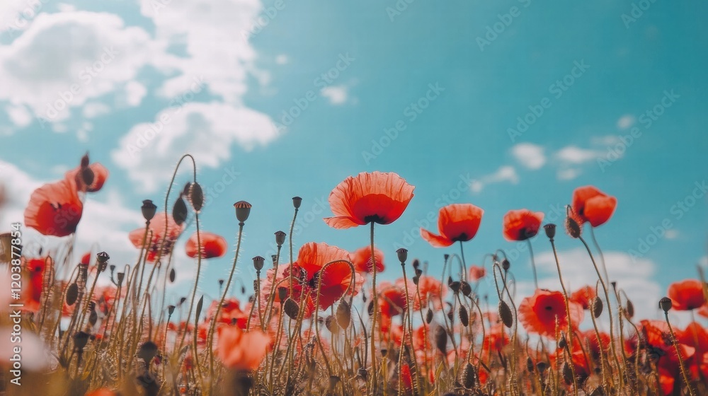 Poster vibrant field of red poppies under a bright blue sky with clouds scattered in the distance. generati