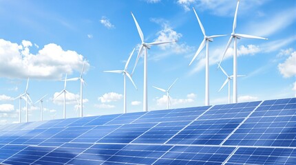Solar panels and wind turbines under a vibrant blue sky with white clouds. Renewable energy, clean environment, sustainable technology. Ai generative