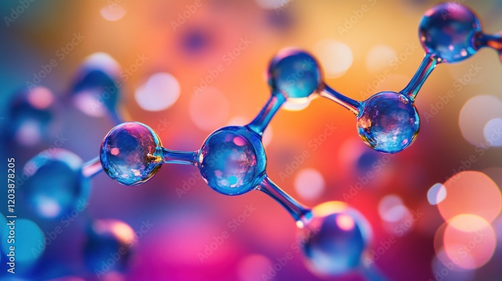 Poster close-up of a molecular structure with transparent spheres on blurred colorful background