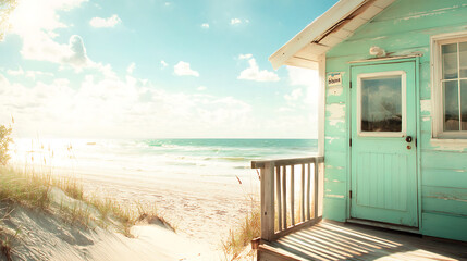 serene beach scene featuring vintage turquoise beach house, soft sand, and gentle waves under bright sky