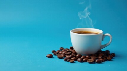 Aromatic Coffee Steam Rising from a White Cup Near Roasted Beans on a Vibrant Blue Background
