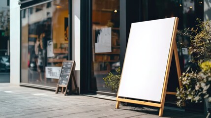 Blank A-Frame Sign on Wooden Stand Outside Modern Shop with Clear Glass Front and Potted Plants on the Street