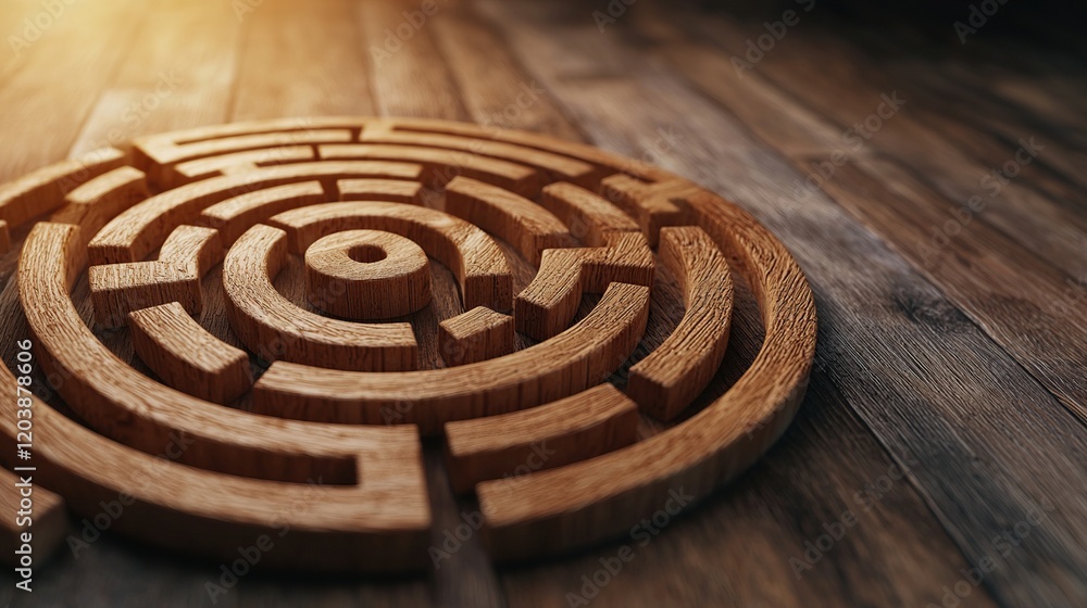 Poster a wooden maze design on a textured surface, illuminated by soft light, creating a warm and inviting 