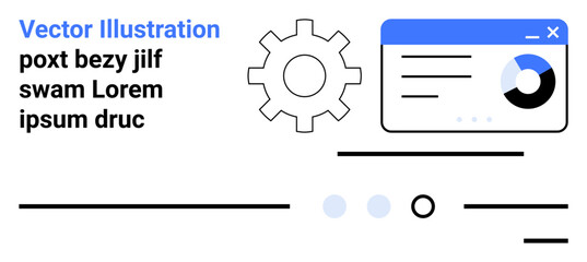 Gear icon, text box, and chart window with lines and dots. Ideal for web design, data presentation, business, technology, development, user interface, analytics. Landing page