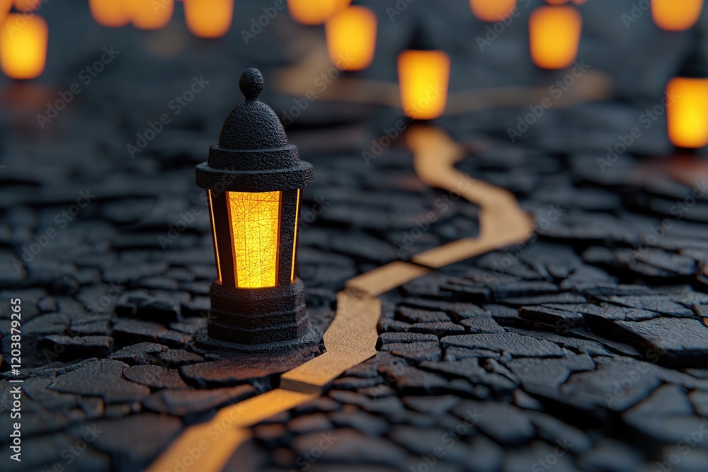 Poster a glowing lantern on a cracked surface, illuminating a winding path with soft amber light, creating 