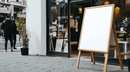 Blank White Sign on Wooden Stand Outside a Modern Storefront with People Walking by in Daylight