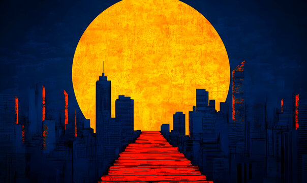 Red carpet path city moonrise backdrop