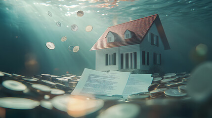 submerged house model surrounded by floating coins and documents creates surreal underwater scene, symbolizing financial challenges and real estate issues