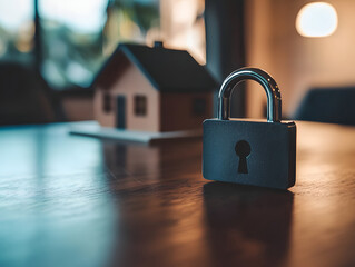 modern padlock placed near house model on sleek table, symbolizing security and protection in cozy environment