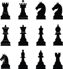 Silhouette of chess, Black silhouettes of Chess checkmate, Set of chess vector icons, Chess icon set, Silhouettes of chess pieces, Chess checkmate silhouettes set, Chess, King, Piece, Queen, Horse