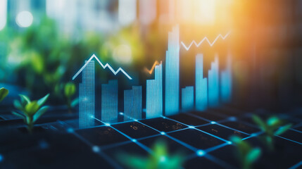 Abstract business Financial charts show a significant increase in profits in the stock market.This is driven by higher interest rates and continued growth. In the innovation world network of financial