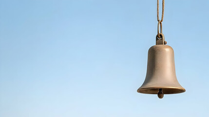 Bronze bell hanging against a clear blue sky; peace, serenity, announcement