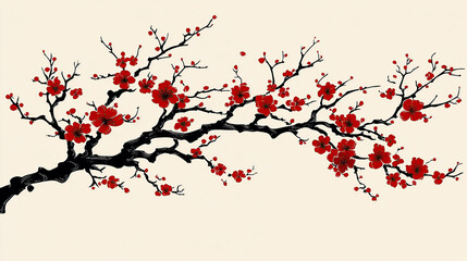 Elegant Blossom Branch Featuring Red Flowers on a Light Background Simple and Minimalist Design