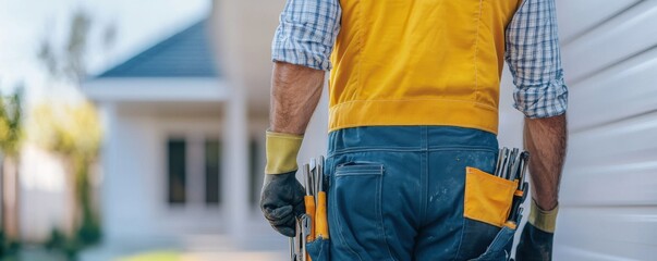 Skilled worker ready for tasks with tools in urban setting.