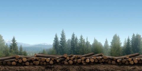 A tranquil view of logs stacked in the foreground with a backdrop of lush forests and distant mountains.
