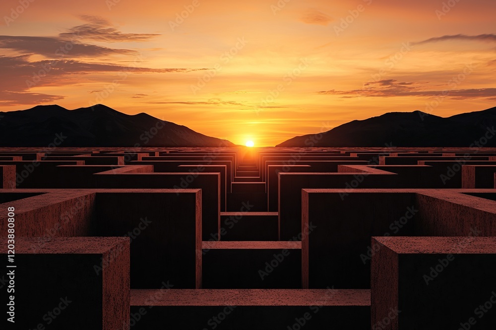Poster sunset over a maze-like structure with mountains in the background, creating a dramatic, serene land