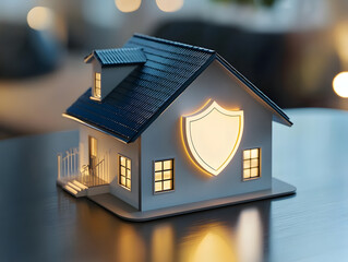 small house model with shield icon, symbolizing security and safety, illuminated softly in cozy setting. design features charming roof and warm lights