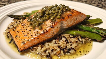 Deliciously Mouthwatering Salmon fillet with capers and pear reduction sauce over wild rice and asparagus