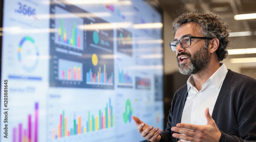 Poster business professional speaking with enthusiasm, showcasing colorful data charts and graphs on a scre