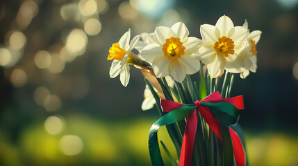 A group of daffodils tied together with a red and green ribbon, symbolizing Welsh unity and pride