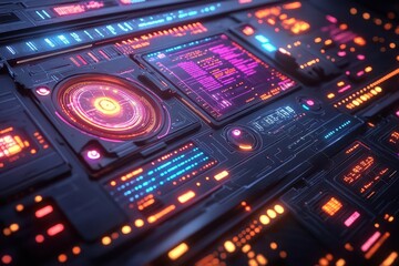 a futuristic industrial control panel with holographic displays floating 3d schematics and glowing circuit patterns rendered in neonedged wireframe against a dark backdrop