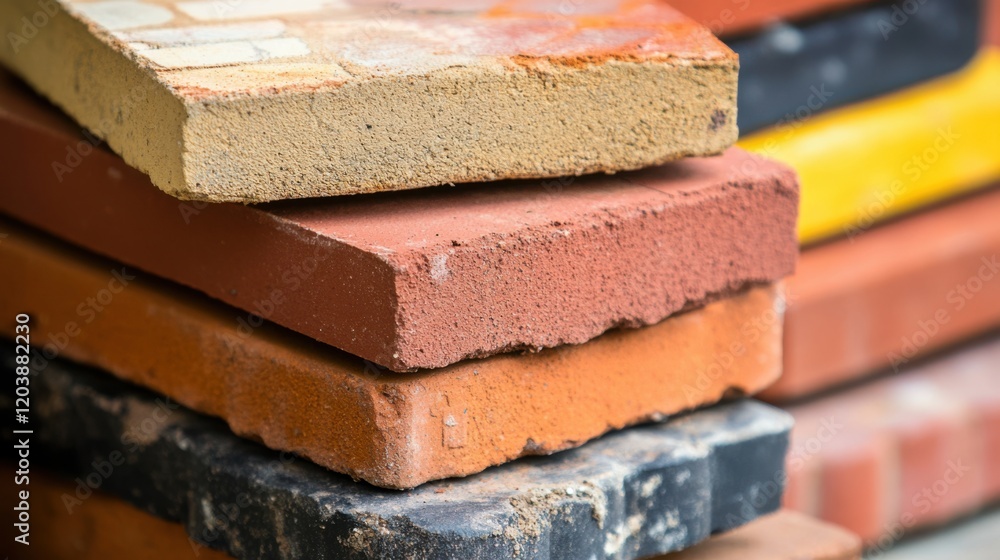 Poster a vibrant stack of assorted bricks showcasing various textures and colors, ideal for construction pr