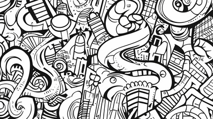 Fototapeta premium Cityscape doodle art; urban buildings, transport, and nature elements; background texture for design projects