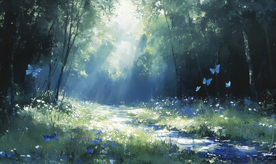Obraz premium Enchanting sunlit forest path, meandering stream, vibrant wildflowers, and ethereal blue butterflies. A magical, serene nature scene perfect for relaxation and tranquility.