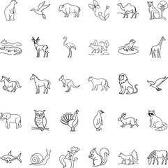 Fototapeta premium Diverse Wildlife Line Art Animals, Birds, and Mammals