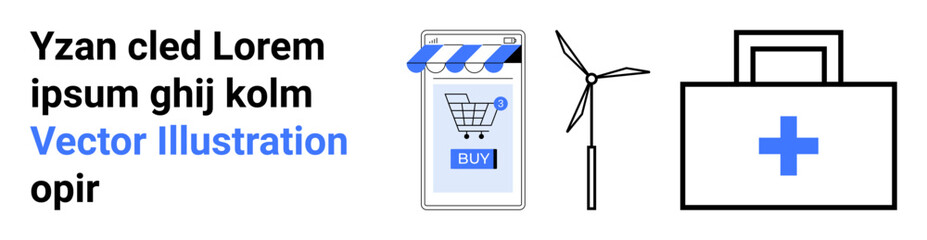Smartphone with shopping cart, wind turbine, and medical briefcase with blue cross. Ideal for e-commerce, renewable energy, healthcare, technology, online services, sustainability, and digital