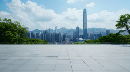 Fototapeta premium Cityscape view from empty plaza, skyscrapers, mountains background, urban development