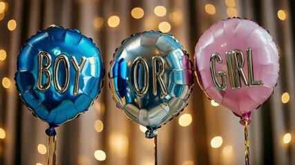 Bright blue and pink balloons display boy or girl options, creating a festive atmosphere for a special gender reveal event surrounded by lights