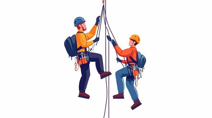 Obraz premium Climbers ascending rope, teamwork, mountain rescue, safety gear, white background, for safety training materials