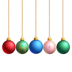 Obraz premium Five colorful Christmas baubles hanging on gold chains.