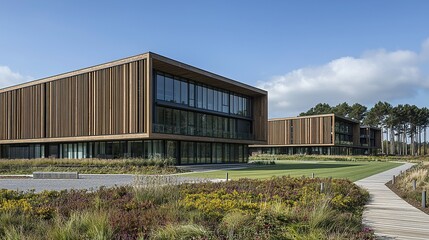 Obraz premium Modern office buildings with landscaping, pathway, and forest background.