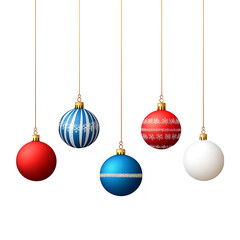 Five colorful Christmas baubles hanging against a gold background.