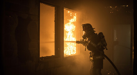 Firefighter bravely battling intense building blaze courageous fire suppression emergency response