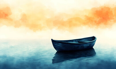 Naklejka premium Solitary rowboat on calm lake, sunrise, peace