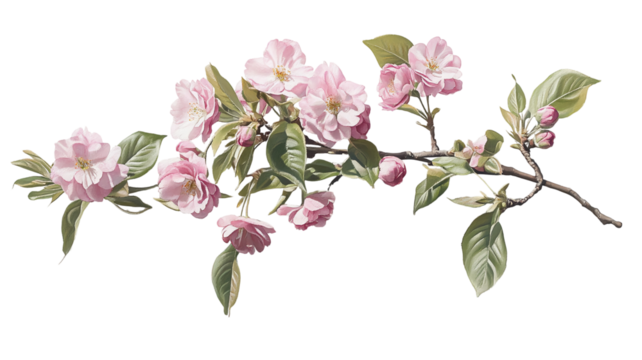 Pink cherry blossom branch with flowers isolated on a transparent background, png image, cut out