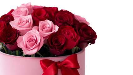 Bouquet of red and pink roses in a pink box with a ribbon, isolated on a transparent background, png image, cut out