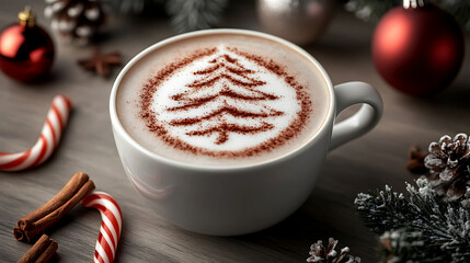 A cocoa cup sprinkled with cocoa powder in the shape of a Christmas tree, surrounded by Christmas decorations.