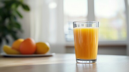 healthy eating, food and diet concept- close up of fresh juice glass and fruits on table